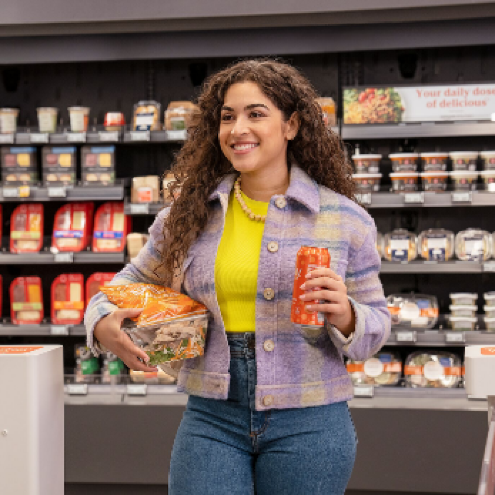 woman walking out with food