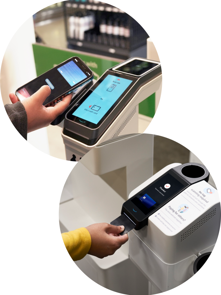Two images together showing RFID technology and using a credit card to enter the store